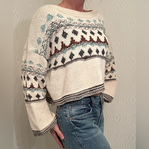 Zara Sweater Cream with Metallic & Regular Threads of Brown Blue Boxy Cut SMALL - Picture 12 of 15